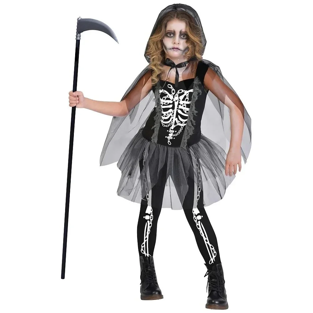 Girls Grim Reaper Skeleton Halloween Costume Size medium 8-10 Dress & Cape - Picture 2 of 10